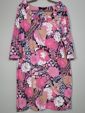 Talbots Floral Ruffle Neck Dress Size 1X Plus Pink Blue Cotton Preppy Church